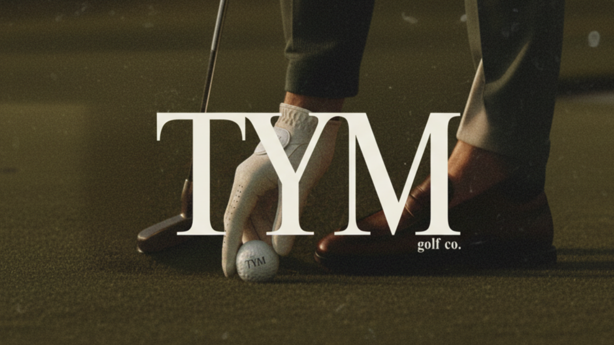 Golf-themed promotional image with 'TYM golf co.' branding, featuring a gloved hand holding a golf club and ball.